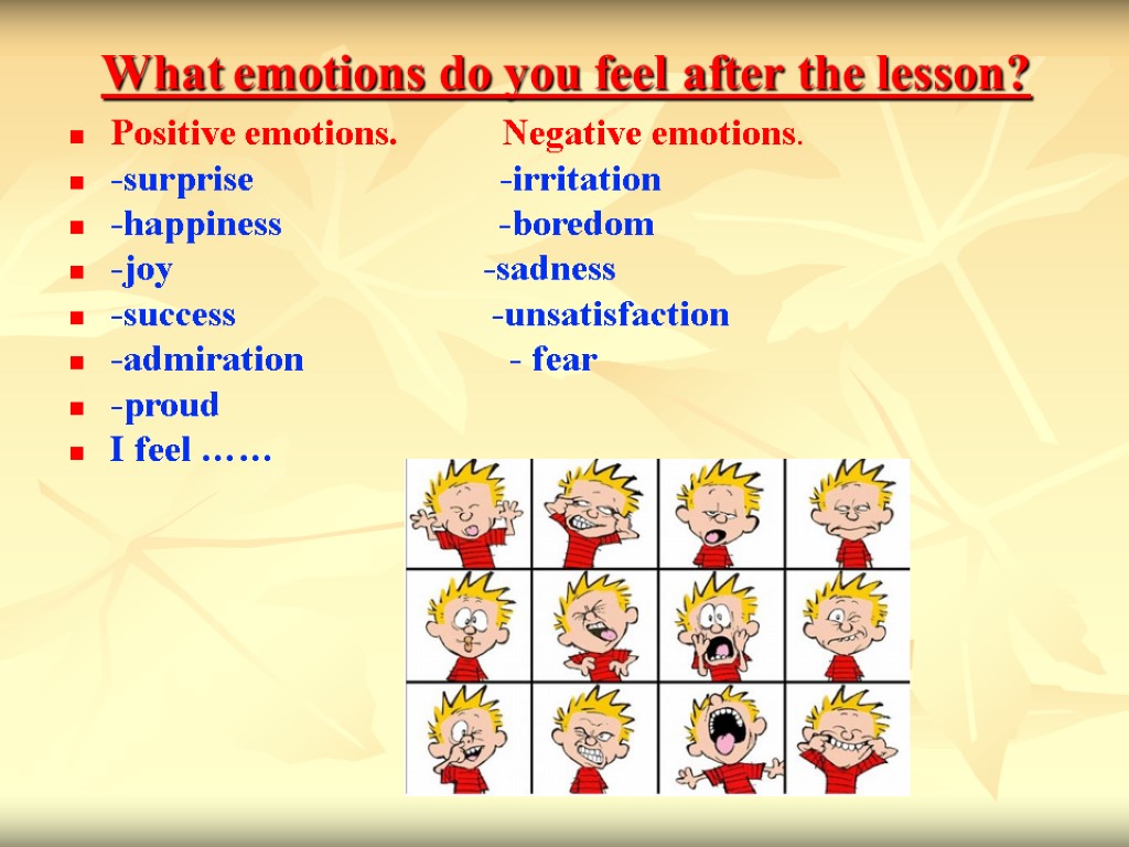What emotions do you feel after the lesson? Positive emotions. Negative emotions. -surprise -irritation